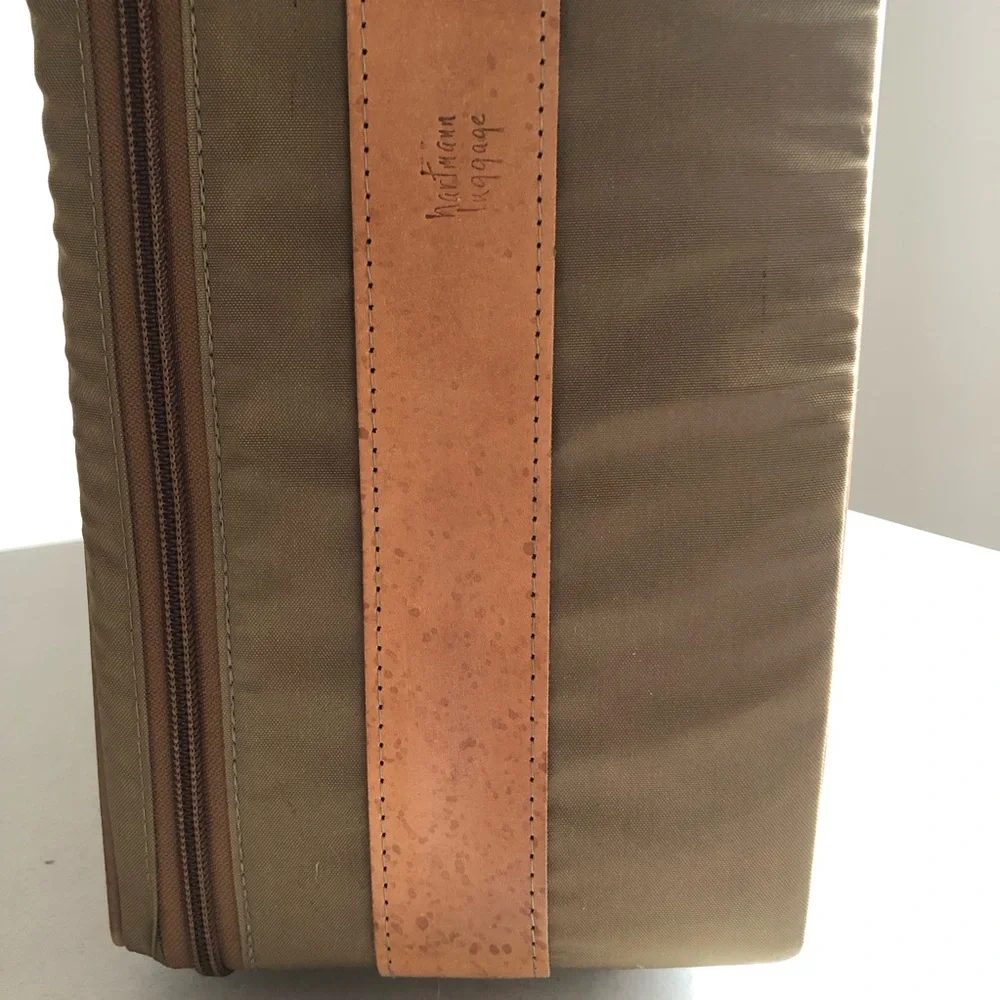 Vintage Hartmann Nylon Suitcase w/Outside Pocket In Olive w/Tan Leather Trim